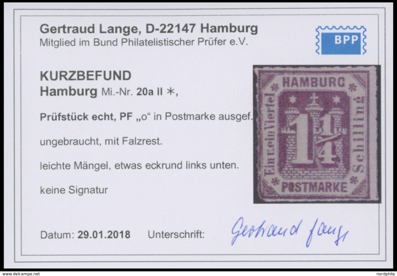 HAMBURG 20aII *, 1866, 11/4 S. Dunkelbraunviolett Mit Plattenfehler O In Postmarke Ausgefüllt, Falzrest, Links Unten Eck - Hambourg