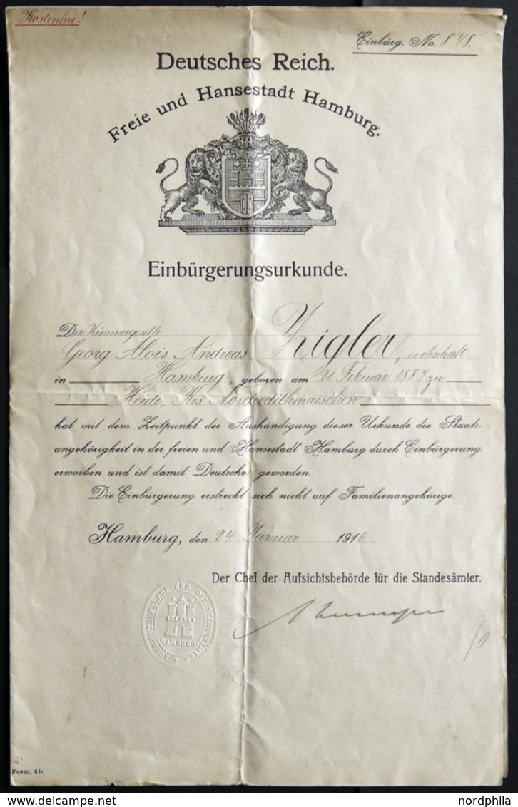 HAMBURG 1916, Einbürgerungsurkunde Der Freie N Und Hansestadt Hamburg, Pracht - Hamburg (Amburgo)