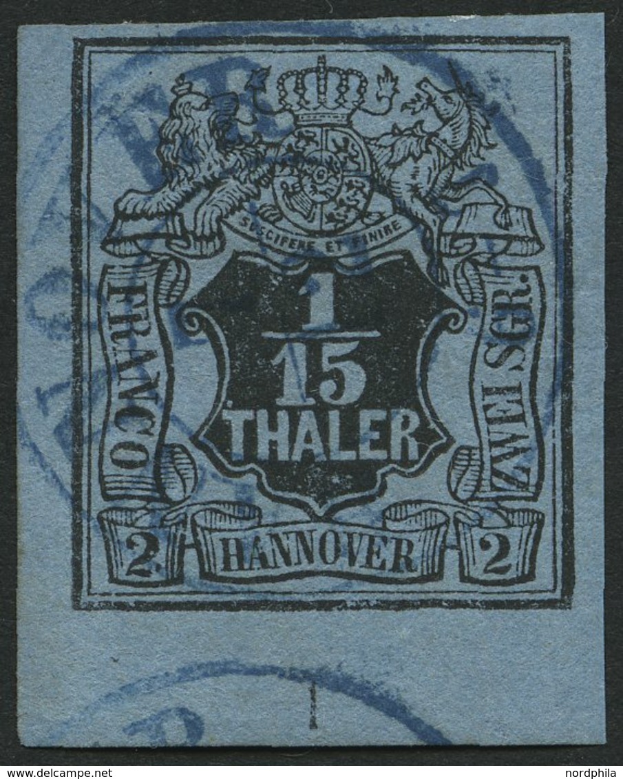 HANNOVER 4 O, 1851, 1/15 Th. Schwarz Auf Graublau, Untere Linke Bogenecke Mit Nr. 1, Blauer K2, Pracht, Gepr. Bühler - Hannover