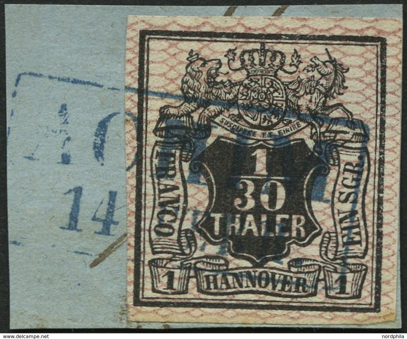 HANNOVER 10a BrfStk, 1856, 1/30 Th. Schwarz, Rosa Genetzt, Blauer R2 ACHIM, Kabinettbriefstück - Hanovre