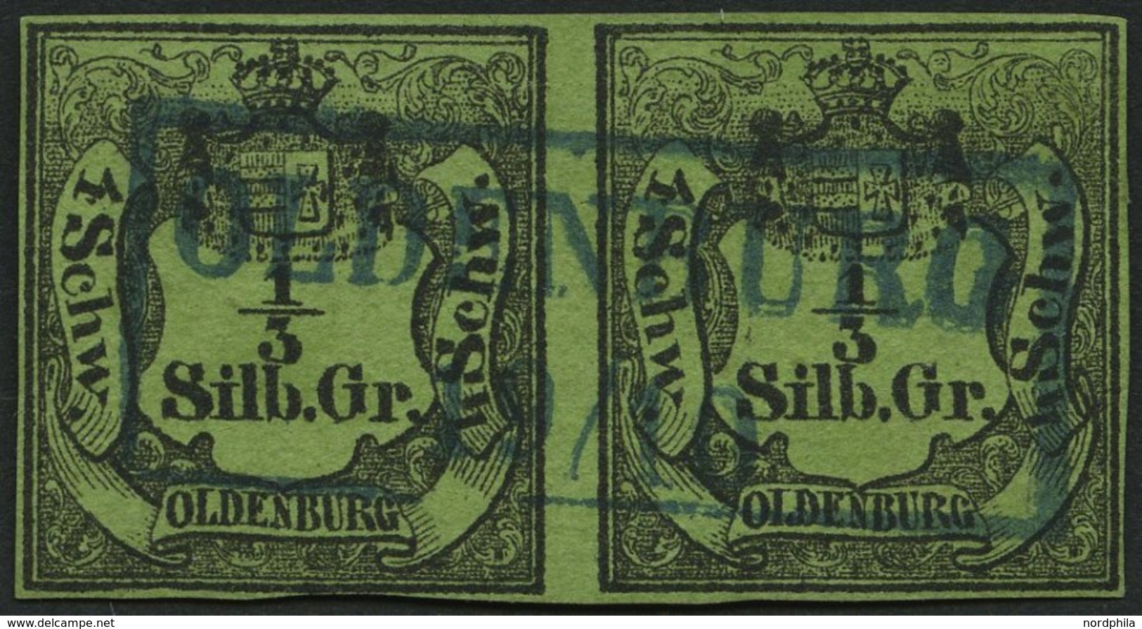 OLDENBURG 1 Paar O, 1855, 1/3 Sgr. Schwarz Auf Grünoliv Im Waagerechten Paar, Idealer Zentrischer Blauer R2 OLDENBURG, Z - Oldenburg