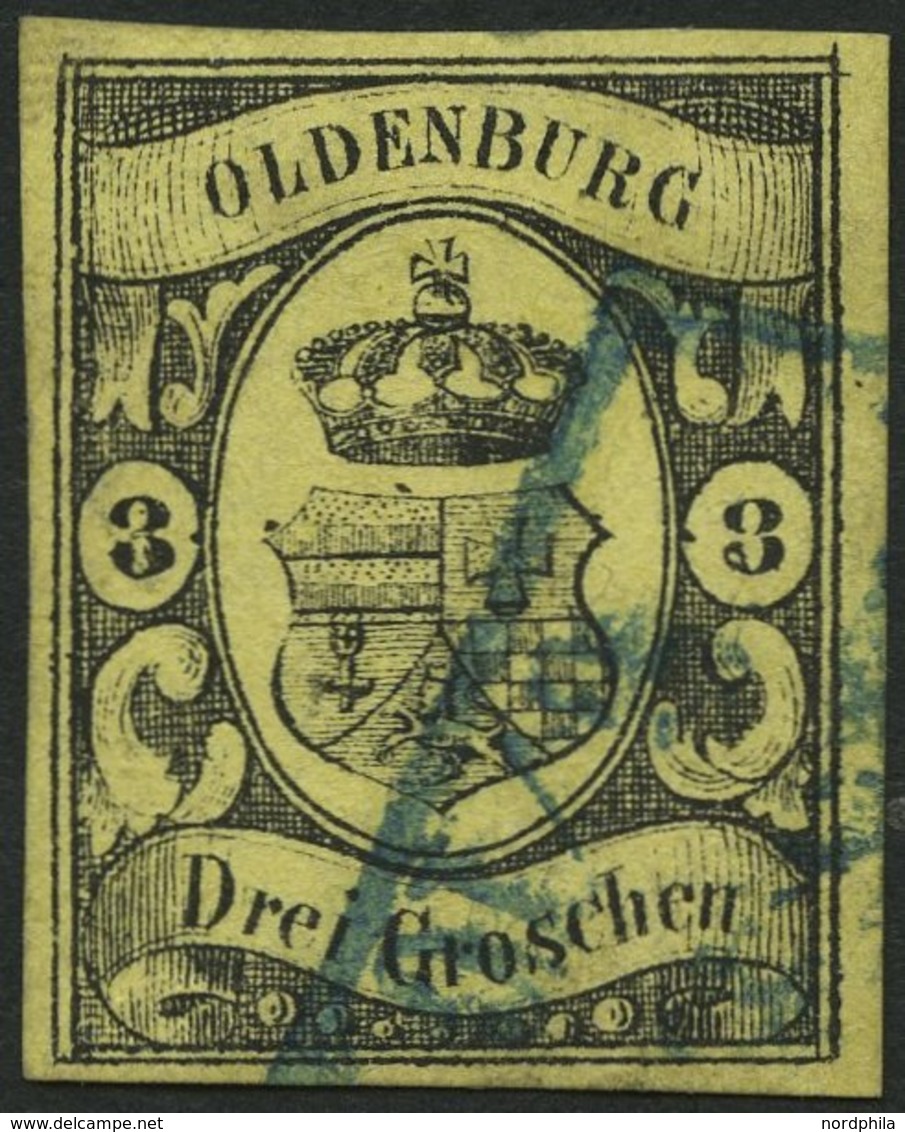OLDENBURG 8 O, 1859, 3 Gr. Schwarz Auf Graugelb, Farbfrisch, Pracht, Gepr. Drahn, Mi. 750.- - Oldenburg