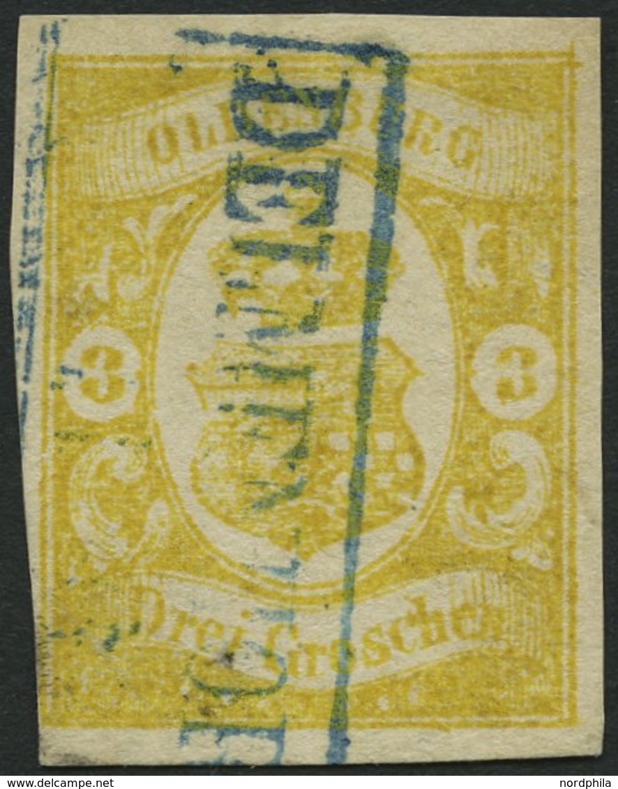 OLDENBURG 14 O, 1861, 3 Gr. Graugelb, Blauer R2 DELMENHORST, Untere Linke Ecke Lupenrandig Sonst Vollrandig Pracht, Sign - Oldenburg