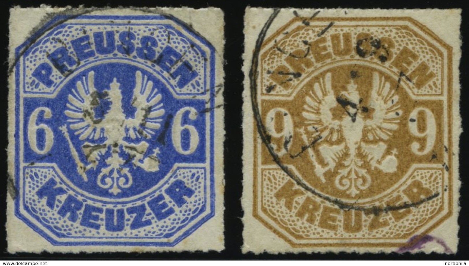 PREUSSEN 25/6a O, 1867, 6 Kr. Ultramarinblau Und 9 Kr. Gelblichbraun, K1 BINGEN, 2 Prachtwerte, Mi. 115.- - Sonstige & Ohne Zuordnung