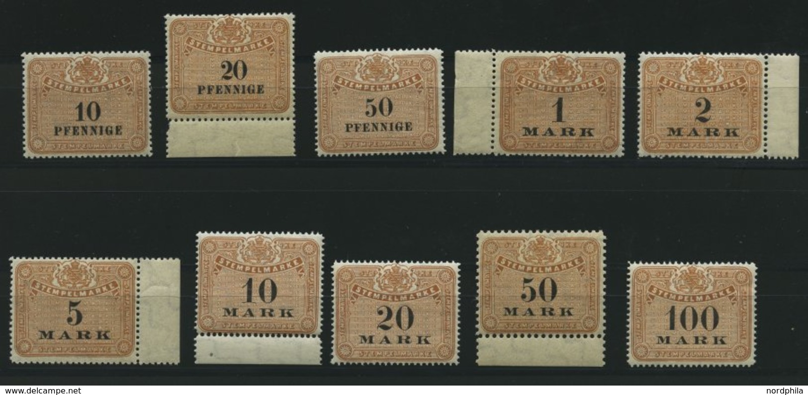 SACHSEN **, 1910, 10 Pf. - 100 Mk. Stempelmarken, Wz. Treppen, 10 Werte Postfrisch, Pracht - Sachsen