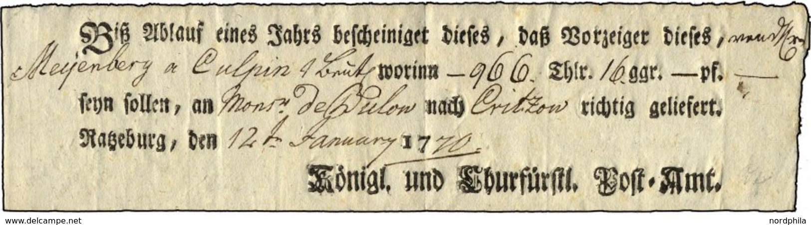 SCHLESWIG-HOLSTEIN RATZEBURG, Ortsdruck Auf Einlieferungsschein: Biß Ablauf Eines Jahres... (1770), Pracht, R! - Schleswig-Holstein