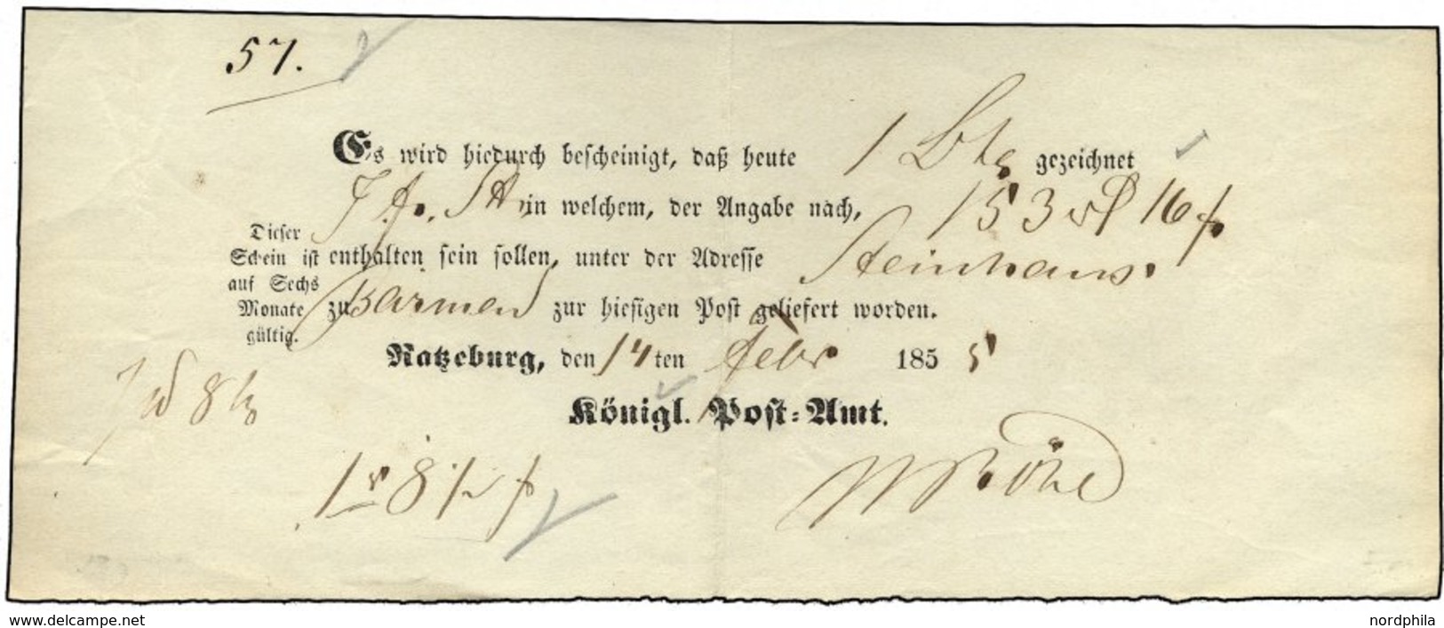 SCHLESWIG-HOLSTEIN RATZEBURG, Ortsdruck Auf Einlieferungsschein (1855), Feinst - Schleswig-Holstein