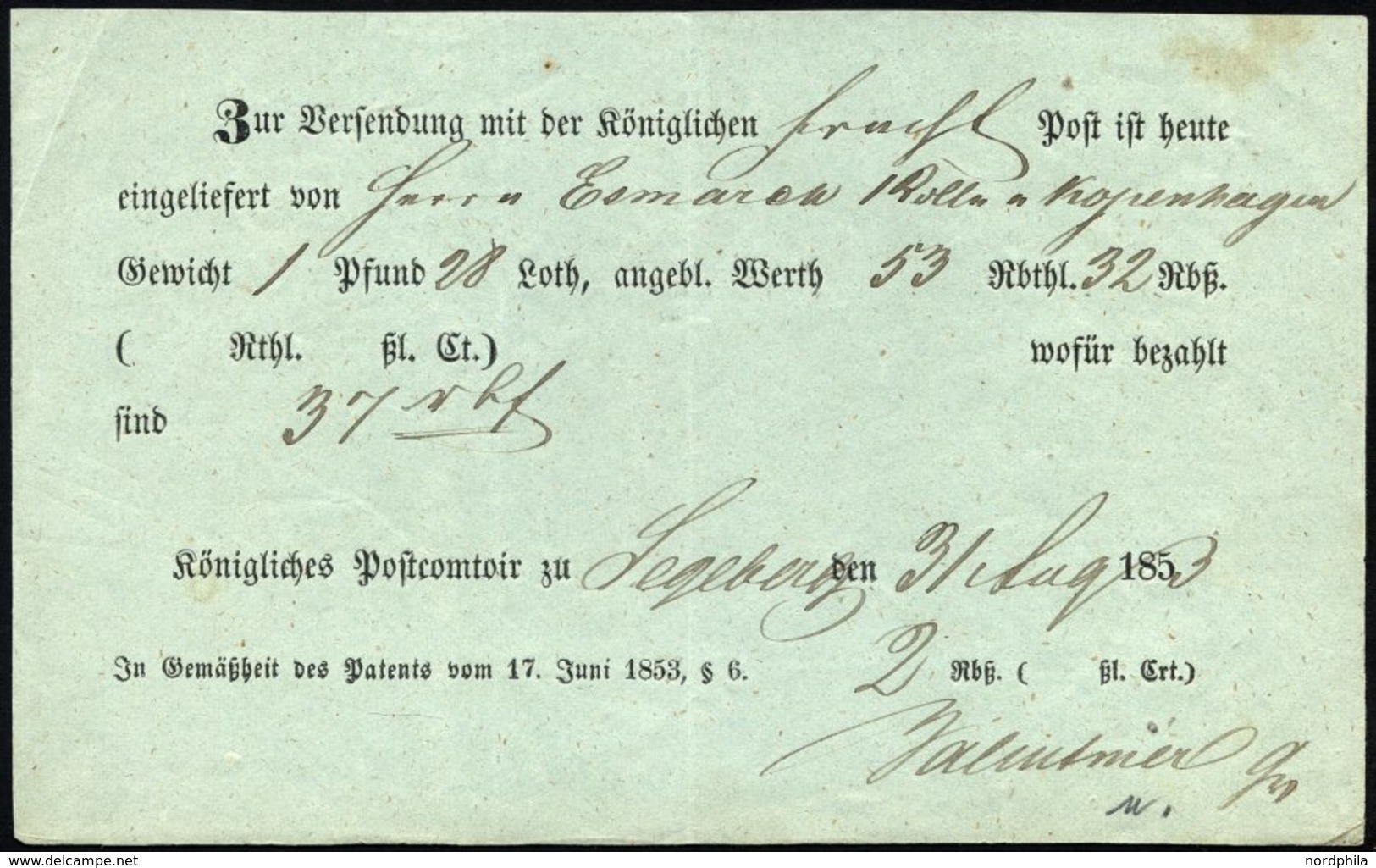 SCHLESWIG-HOLSTEIN SEGEBERG, Handschriftlich Auf Einlieferungsschein (1853), Pracht - Schleswig-Holstein