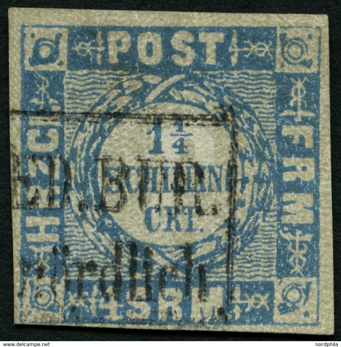 SCHLESWIG-HOLSTEIN 6 O, 1864, 11/4 S. Grauultramarin, K1 HOLST.EB.P.SP.B. Nördlich, Unten Links Knapp Sonst Vollrandig P - Schleswig-Holstein