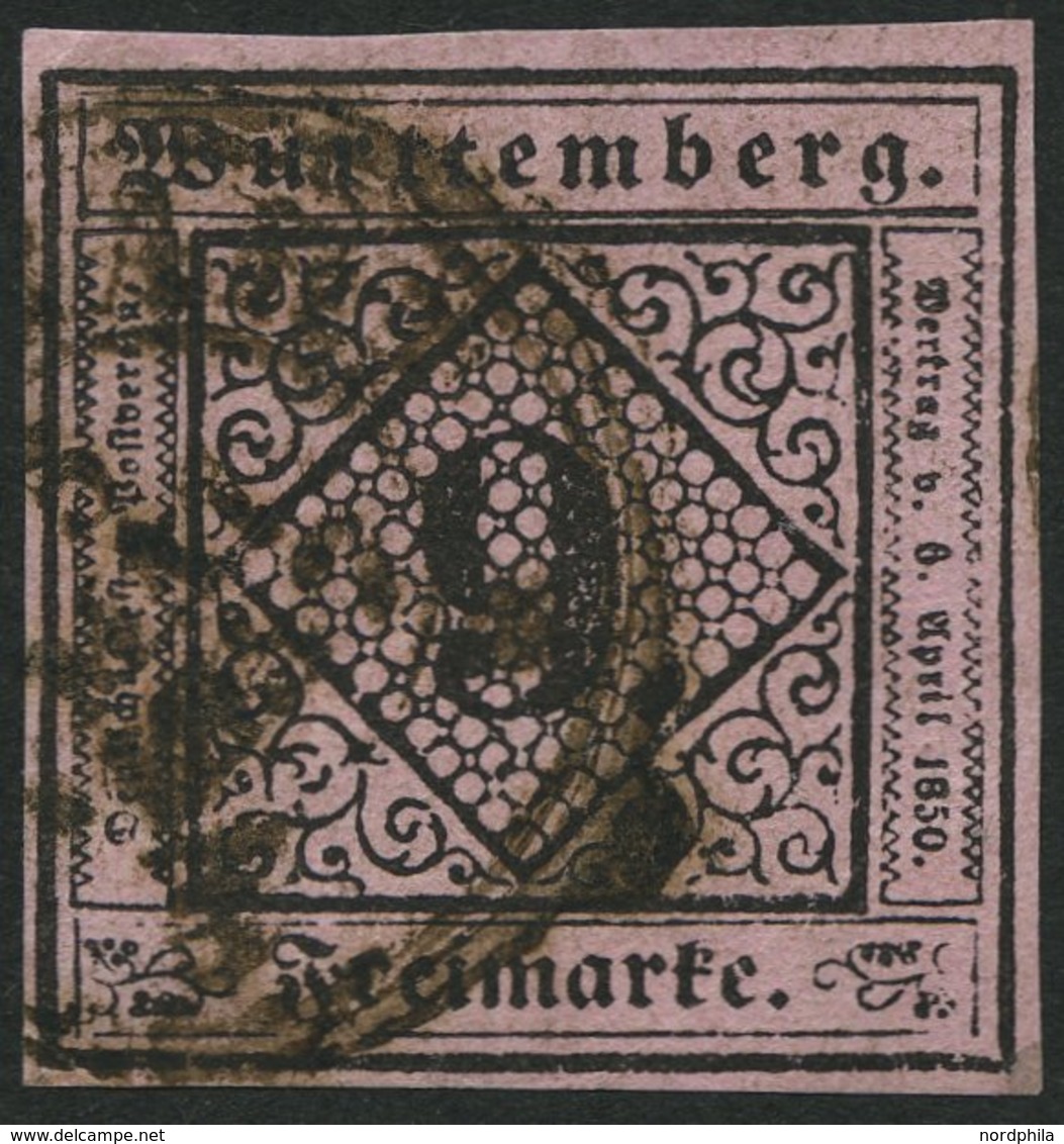 WÜRTTEMBERG 4c O, 1851, 9 Kr. Schwarz Auf Dunkelrosa, Bugspur Sonst Farbfrisch, Pracht, Gepr. Heinrich, Mi. 300.- - Sonstige & Ohne Zuordnung