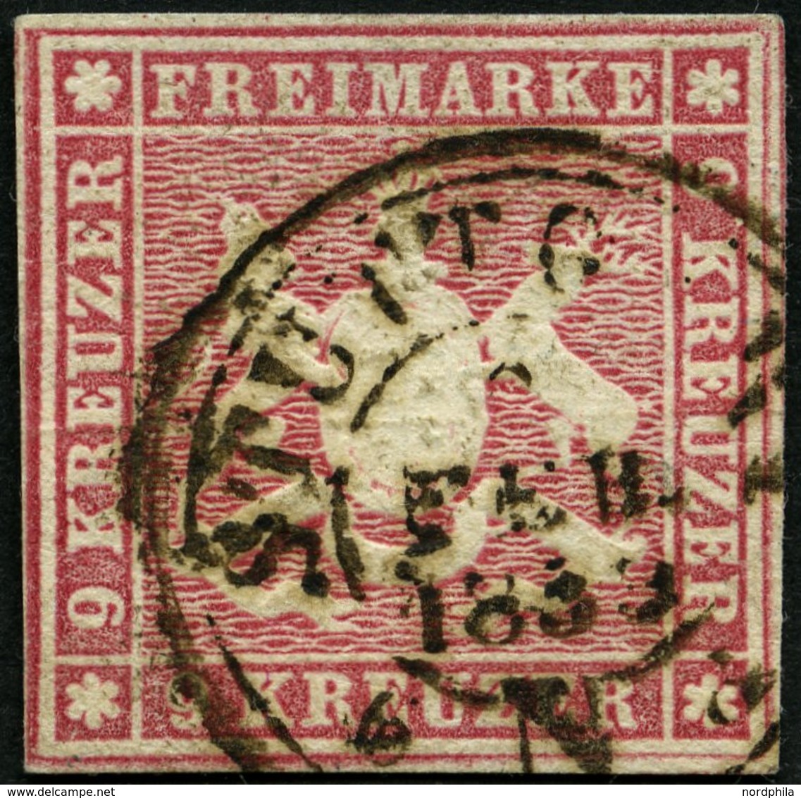 WÜRTTEMBERG 9a O, 1857, 9 Kr. Karminrosa, Vollrandig, Pracht - Other & Unclassified