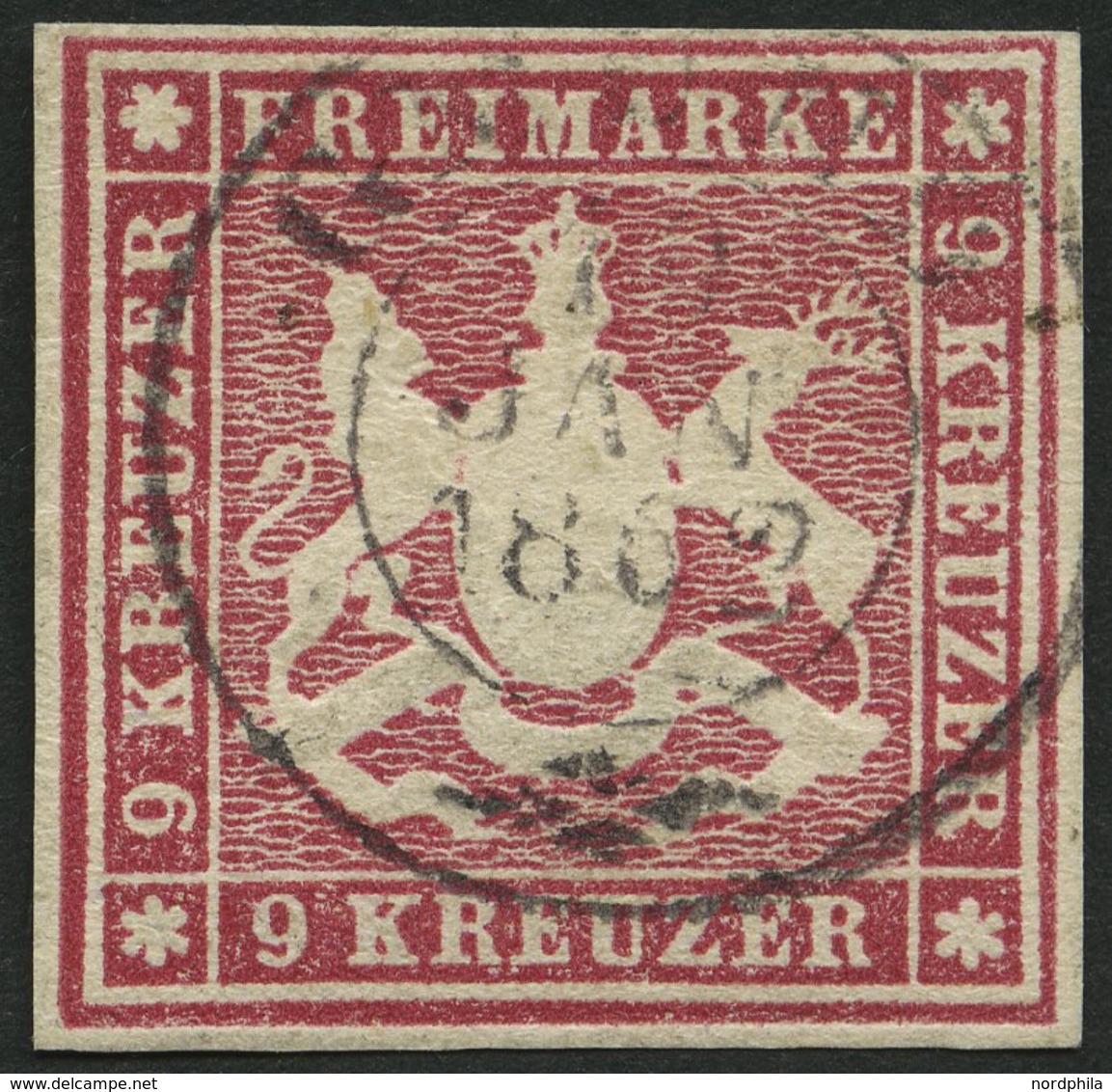 WÜRTTEMBERG 14a O, 1859, 9 Kr. Hellkarmin, K2 GMÜND, Pracht, Gepr. Pfenninger, Mi. 100.- - Other & Unclassified