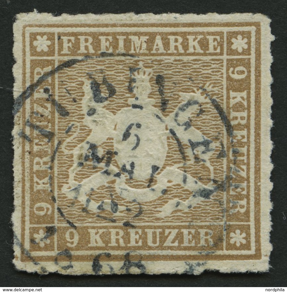 WÜRTTEMBERG 33b O, 1865, 9 Kr. Fahlbraun, R2 TÜBINGEN, Pracht, Gepr. W. Engel, Mi. 150.- - Sonstige & Ohne Zuordnung