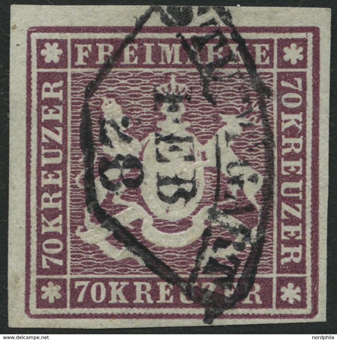 WÜRTTEMBERG 42a O, 1873, 70 Kr. Braunlila, Feld 6, Schwarzer Fächerstempel STUTTGART, Farbfrisches Prachtstück, Fotoatte - Sonstige & Ohne Zuordnung