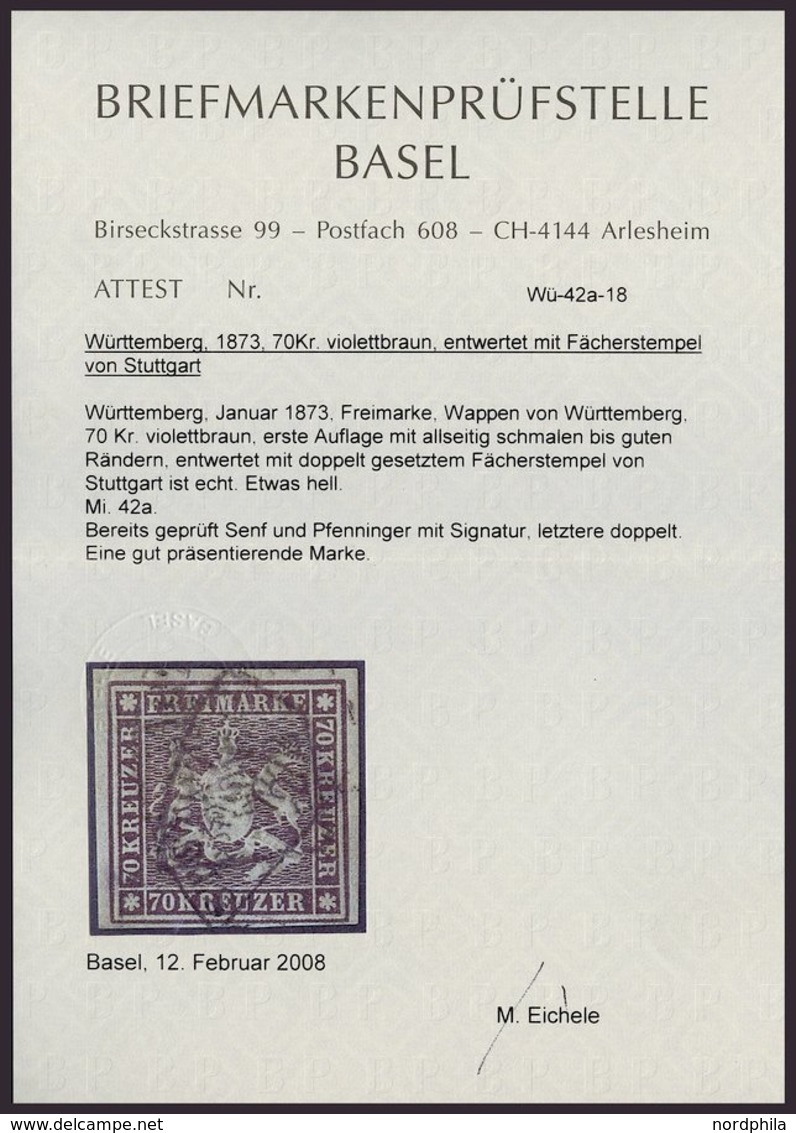 WÜRTTEMBERG 42a O, 1873, 70 Kr. Braunlila, Unten Schmal Sonst Vollrandig, Zwei Helle Stellen Sonst Pracht, Gepr. Pfennin - Autres & Non Classés