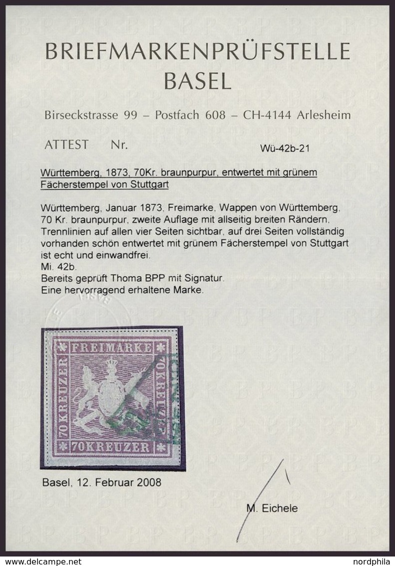 WÜRTTEMBERG 42b O, 1873, 70 Kr. Rotlila, Feld 5, Grüner Fächerstempel STUTTGART, Allseits Breitrandig, Pracht, Fotoattes - Other & Unclassified