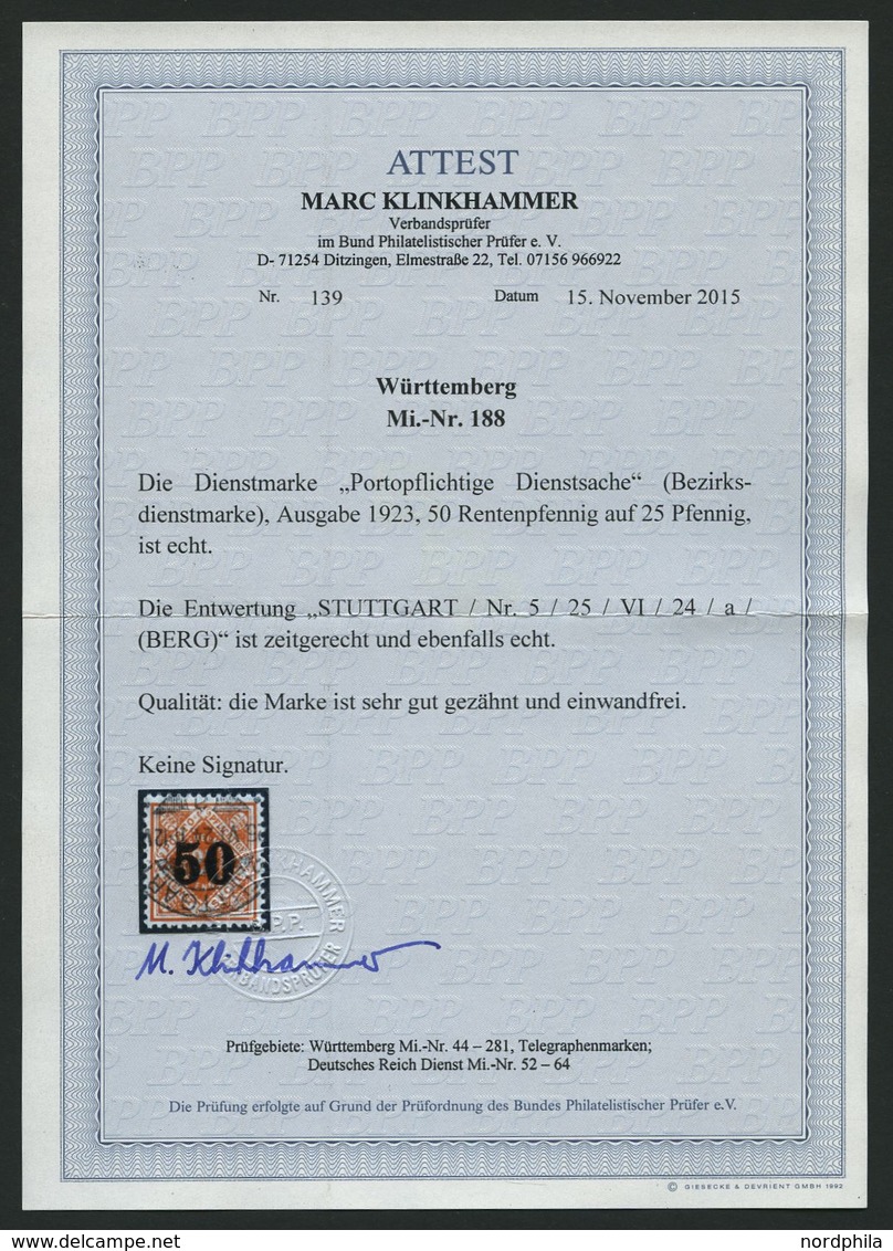 WÜRTTEMBERG 188 O, 1923, 50 Auf 25 Pf. Rotorange, Pracht, Fotoattest Klinkhammer, Mi. (1100.-) - Autres & Non Classés