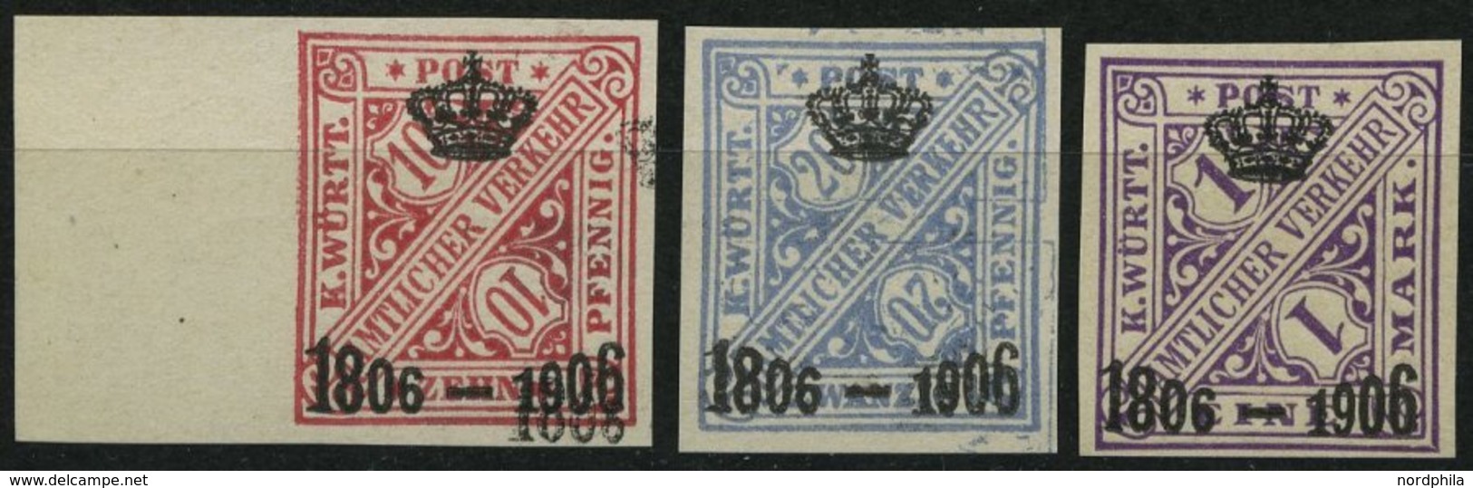 WÜRTTEMBERG 220/1,226PU2 (*), 1906, 10, 20 Pf. Und 1 M. 100 Jahre Königreich Auf Kanzleipapier, Ungezähnt, 3 Prachtwerte - Otros & Sin Clasificación