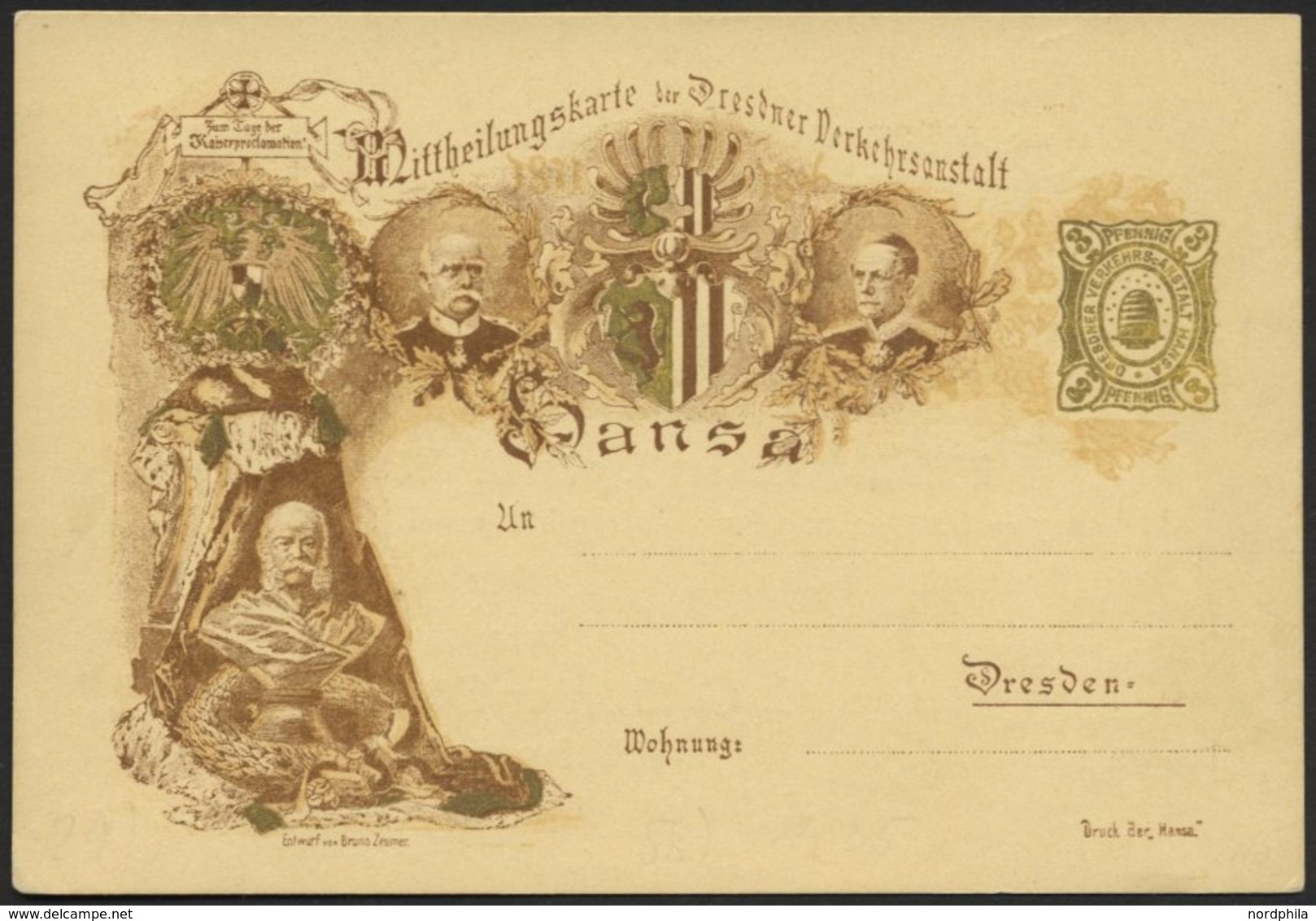 DRESDEN C P 57 BRIEF, HANSA: 1896, 3 Pf. Golden 25. Jahrestag Der Kaiserproklamation Wilhelm I., Druck Braun, Ungebrauch - Postes Privées & Locales