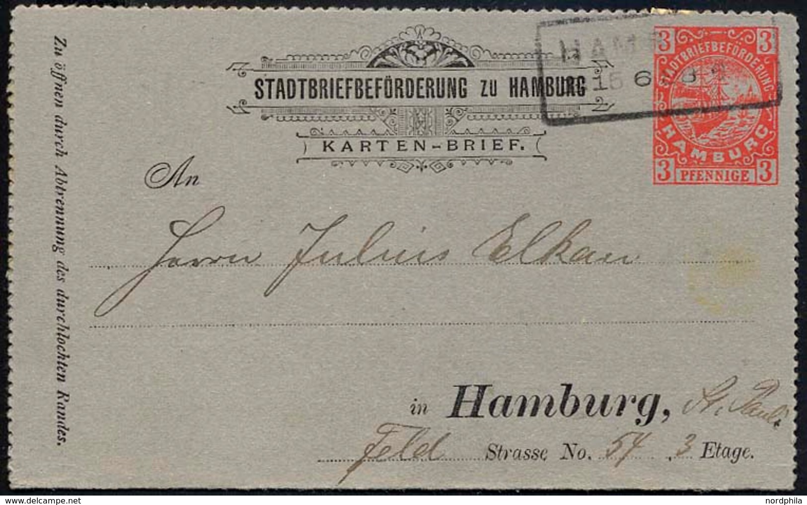 HAMBURG D K 1 BRIEF, HAMMONIA I: 1887, Kartenbrief, 3 Pf. Rot Auf Blaugrau, R2, Pracht - Correos Privados & Locales