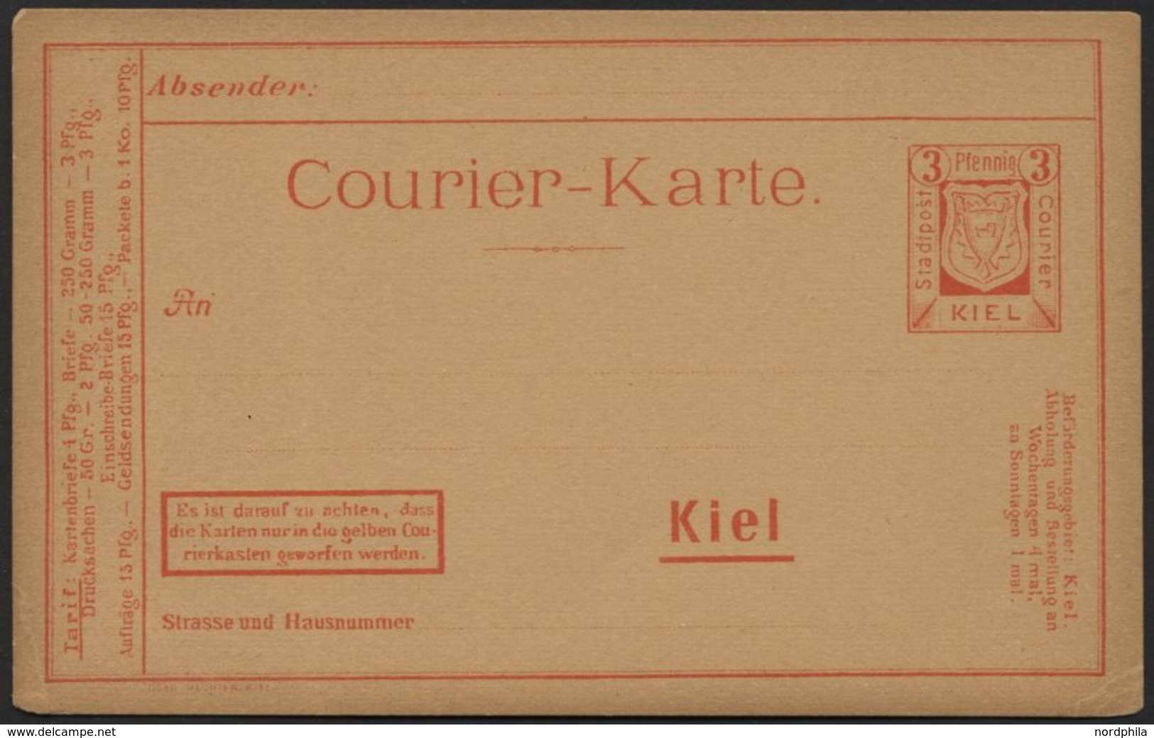 KIEL A P 19 BRIEF, COURIER: 1898, 3 Pf. Orangerot, Einschreibe-Briefe 15 Pf., Ungebraucht, Karte Feinst - Private & Local Mails