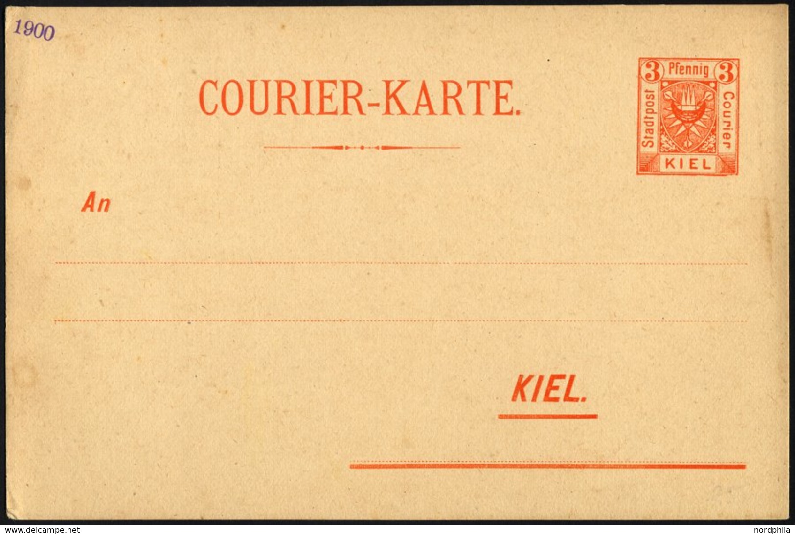 KIEL A P 28IIA BRIEF, COURIER: 1899, 3 Pf. Orange, Ohne Druckvermerk, Type II, 1900 Links Oben, Ungebraucht, Prachtkarte - Postes Privées & Locales