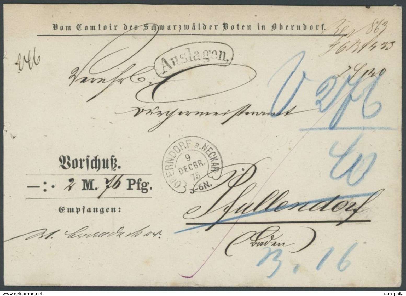 HUFEISENSTEMPEL OBERNDORF A. NECKAR, 09.12.1875, Auf Portovorschußbrief Des Schwarzwälder Boten Mit Auslagenstempel Nach - Usados