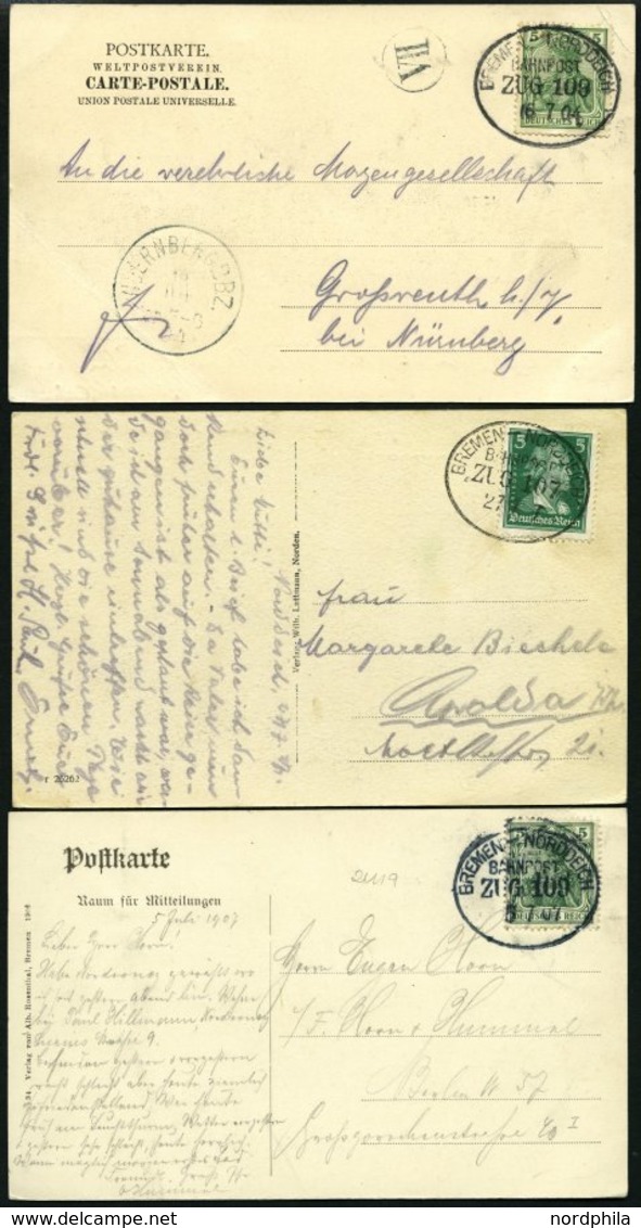 BAHNPOST Bremen-Norddeich (Zug 107 (3x) Und 109 (2x)), 1904-1935, 5 Belege Meist Pracht - Maschinenstempel (EMA)