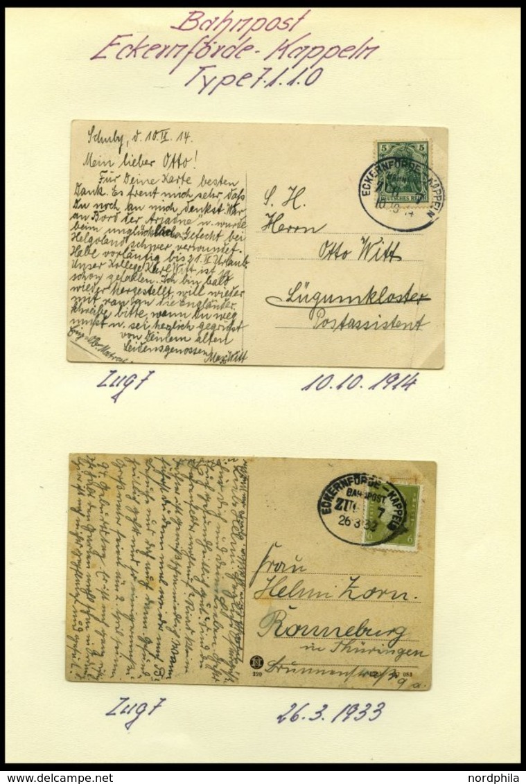 BAHNPOST Eckernförde-Kappeln (Zug 5 Und 7 (2x)), 1892-1933, 6 Karten, Dazu 2 Eilfrachtbriefe Für Geräucherte Seefische,  - Machines à Affranchir (EMA)