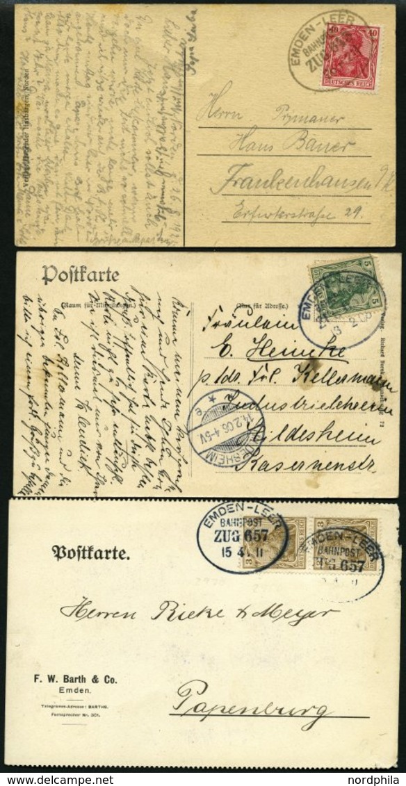 BAHNPOST Emden-Leer (Zug 643 Und 2x 657), 1906-1921, 3 Karten Feinst/Pracht - Maschinenstempel (EMA)