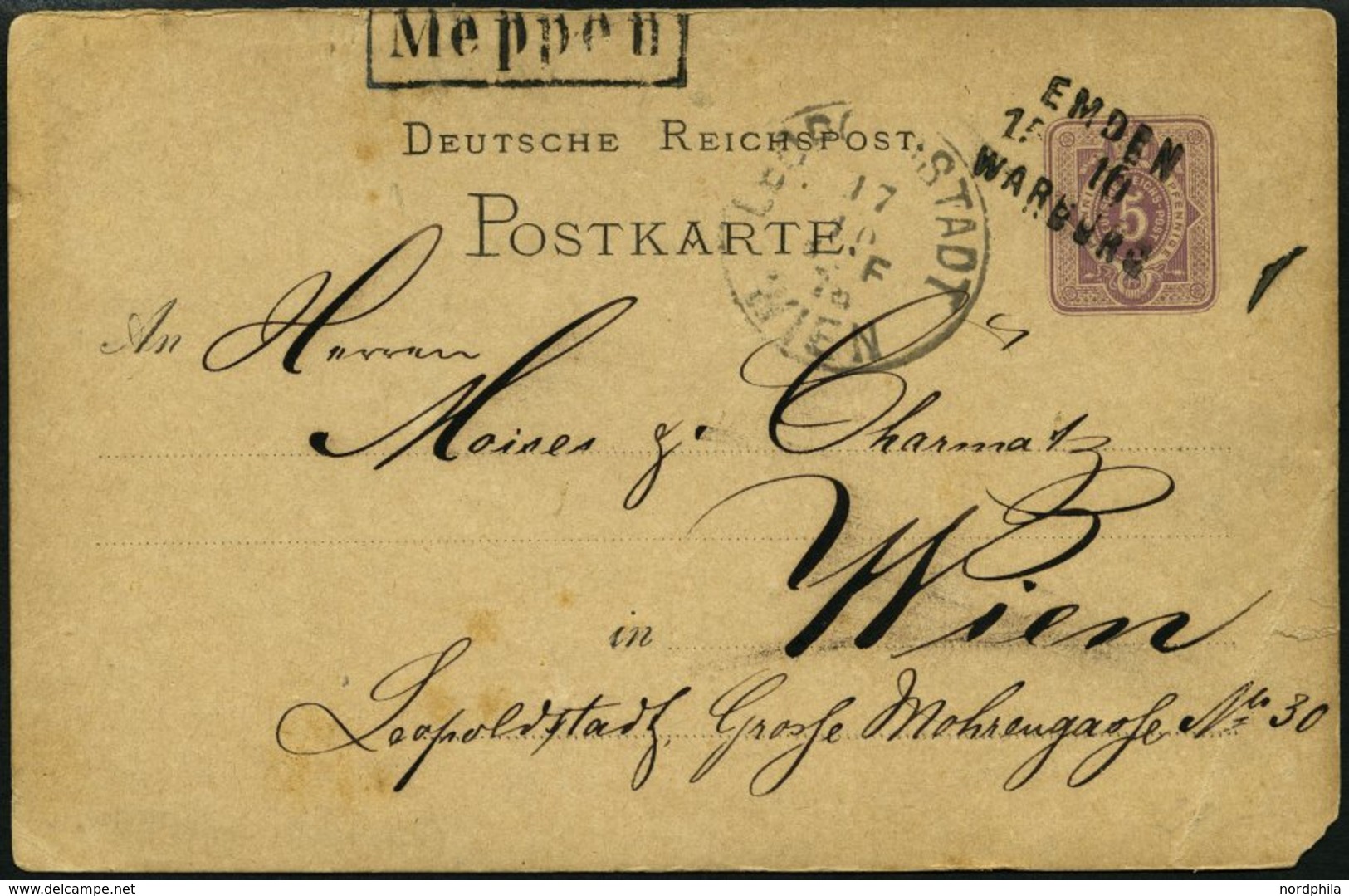 BAHNPOST Emden-Warburg, L3, 1877-1879, Auf 4 Ganzsachenkarten Mit 1/2 Gr. Und 3x 5 Pfe., Dabei Eine Nach Wien, Feinst - Maschinenstempel (EMA)