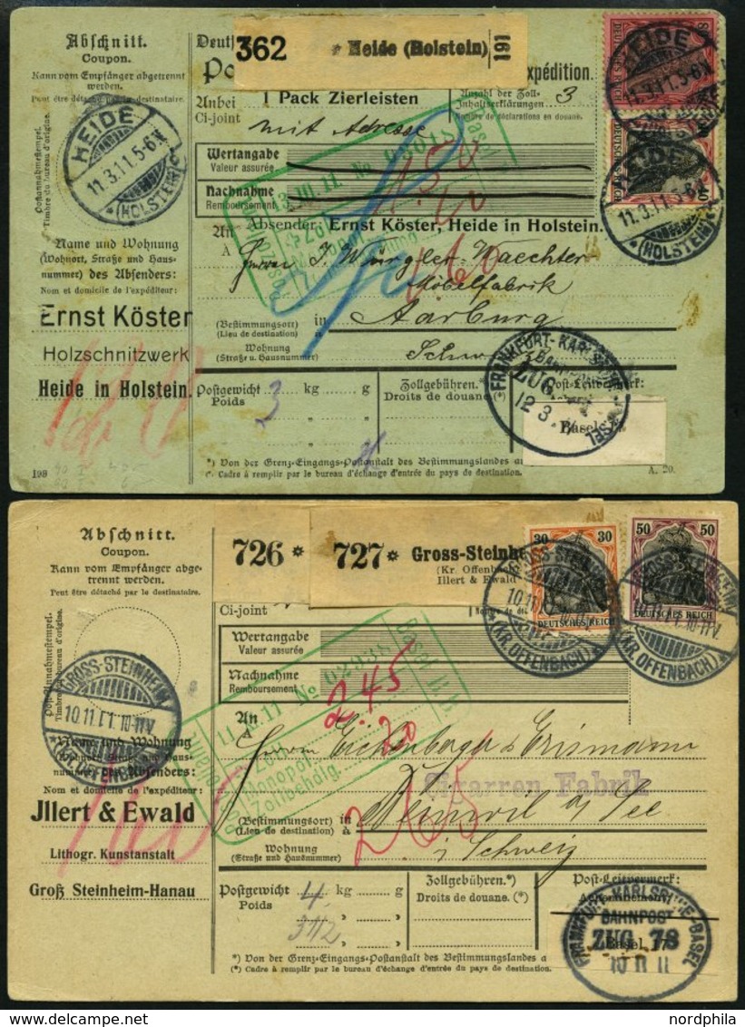 BAHNPOST Frankfurt-Karlsruhe-Basel, 1911, Auf 2 Auslands-Paketkarten In Die Schweiz, Feinst - Machines à Affranchir (EMA)