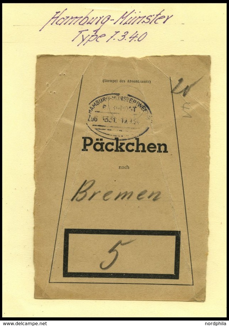 BAHNPOST Hamburg-Münster (verschiedene Züge und Typen), 1906-1936, 13 Belege und eine Beutelfahne für Päckchen, meist Pr