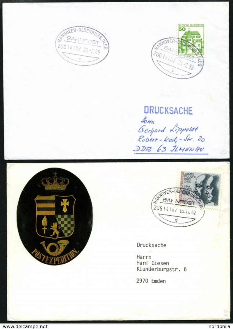 BAHNPOST Hannover-Oldenburg (Zug 149,14182 (3x) Und 3145), 1937-1993, 5 Belege Pracht, Dazu Beutelfahne Und Ortsbund, Pr - Maschinenstempel (EMA)