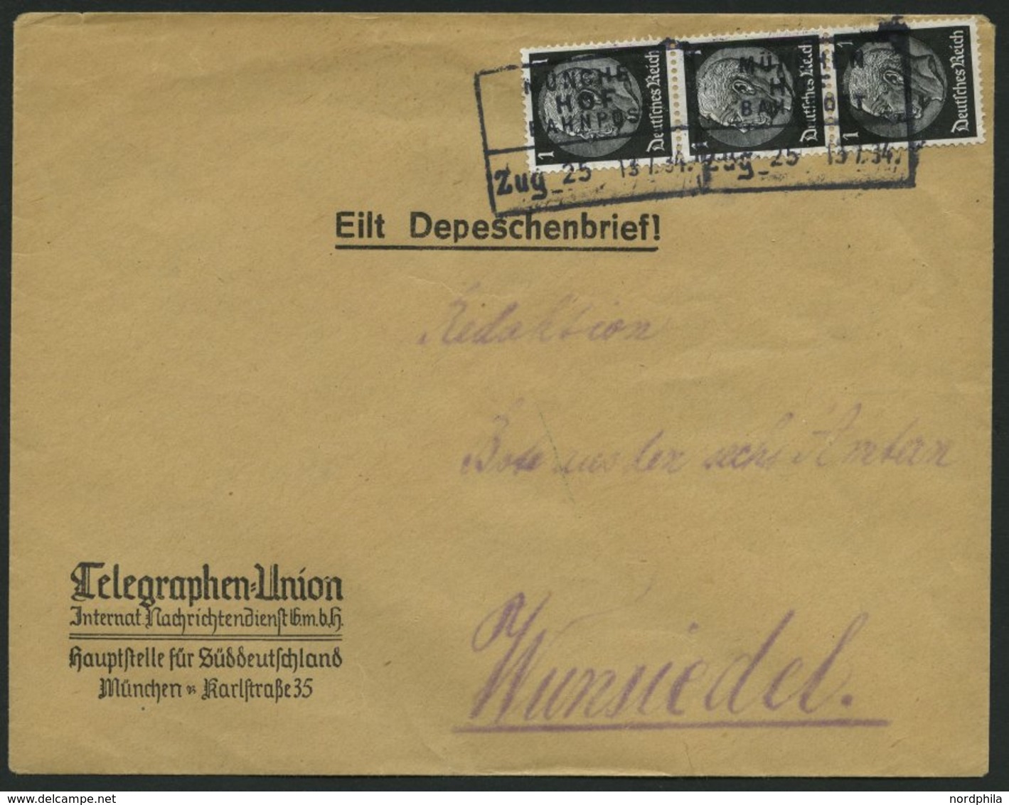 BAHNPOST München-Hof (Zug 25), R4 Auf Eil-Depeschenbrief Mit 3x 1 Pf. Hindenburg Von 1934, Pracht - Machines à Affranchir (EMA)
