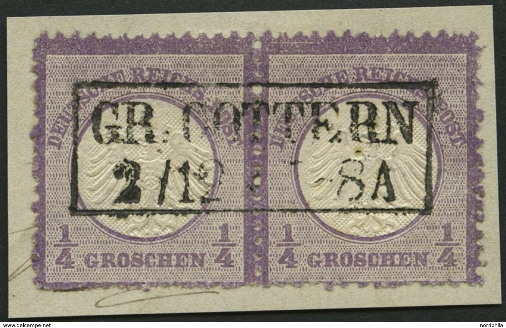 Dt. Reich 1 Paar BrfStk, 1872, 1/4 Gr. Grauviolett Im Waagerechten Paar, Rauhe Zähnung, Unten Nicht Ganz Perfekt, Zentri - Gebraucht