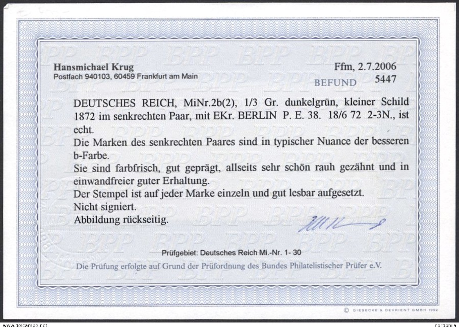 Dt. Reich 2b Paar O, 1872, 1/3 Gr. Dunkelsmaragdgrün Im Senkrechten Paar, Rauhe Zähnung, K1 BERLIN P.E. 38, Pracht, Foto - Usados