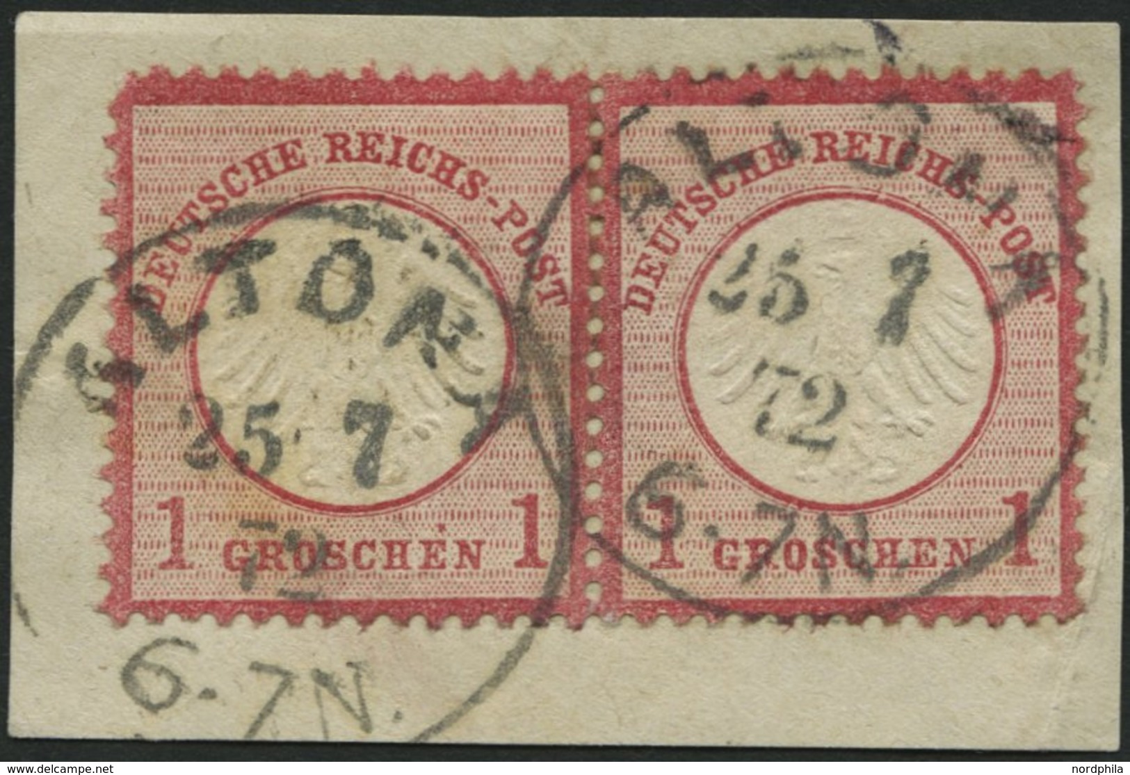 Dt. Reich 4XXXV BrfStk, 1872, 1 Gr. Rotkarmin Im Waagerechten Paar, Linke Marke Mit Plattenfehler Punkt über E (Feld 71) - Usados
