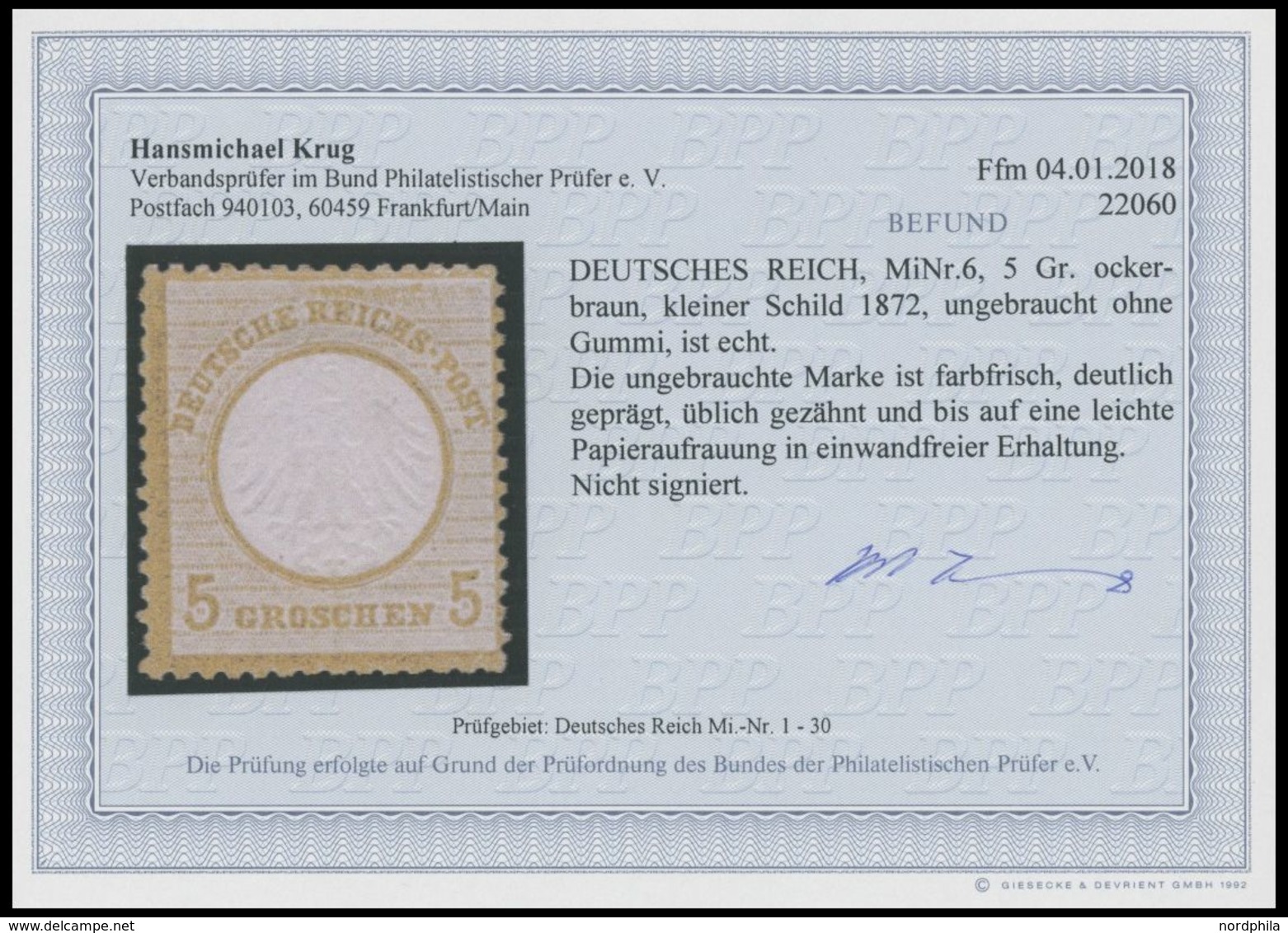 Dt. Reich 6 (*), 1872, 5 Gr. Ockerbraun, Ohne Gummi, Leichte Papieraufrauhung Sonst Farbfrisch Pracht, Fotobefund Krug,  - Oblitérés
