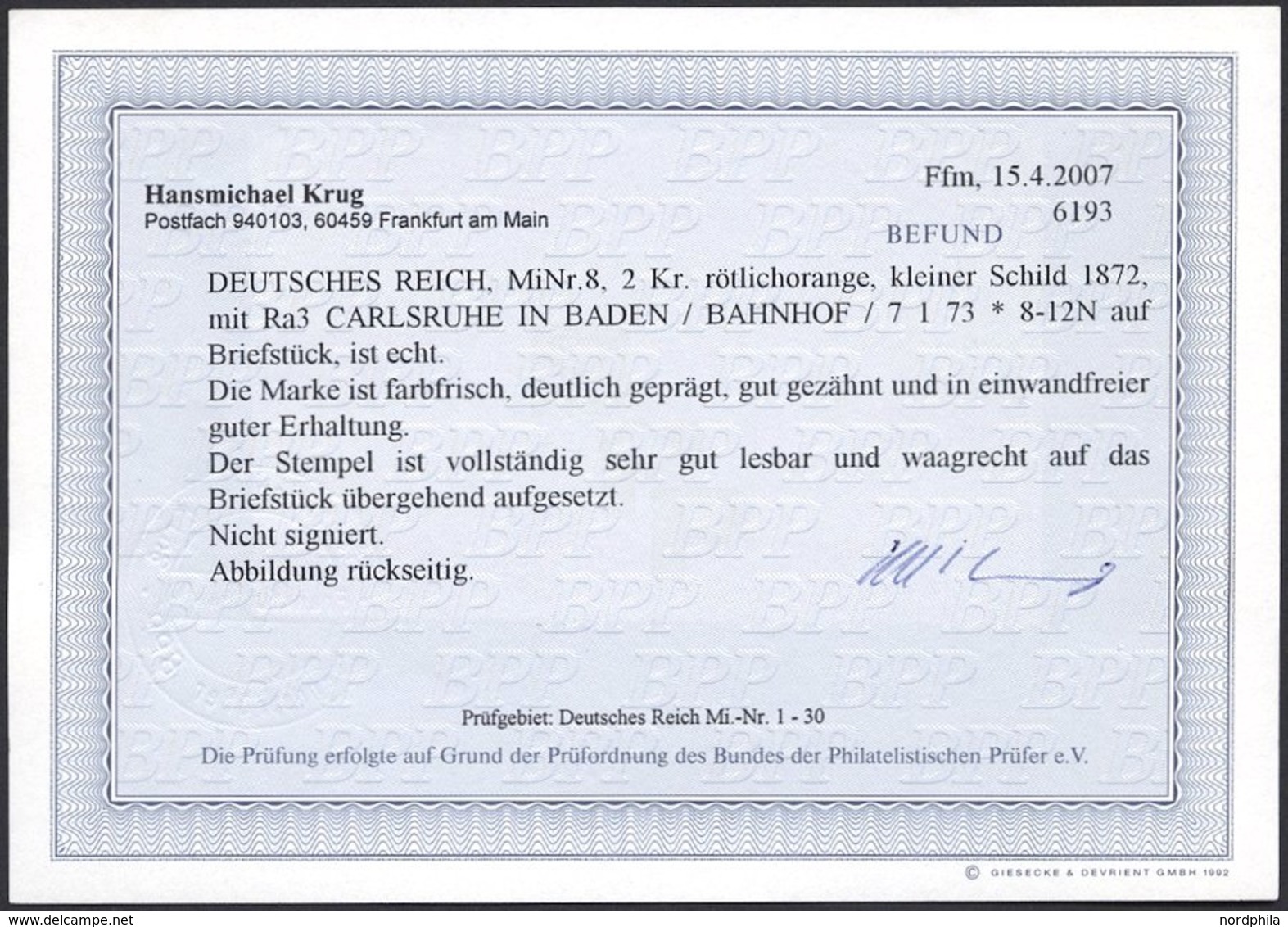 Dt. Reich 8 BrfStk, 1872, 2 Kr. Rötlichorange, Vollständiger R3 CARLSRUHE IN BADEN/BAHNHOF, Kabinettbriefstück, Fotobefu - Gebraucht