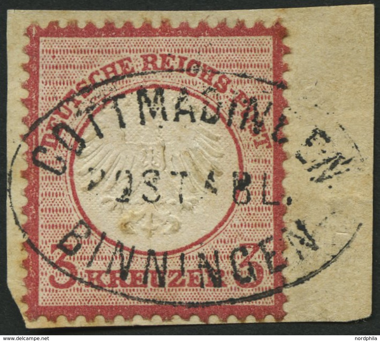 Dt. Reich 9 BrfStk, 1872, 3 Kr. Karmin, Postablagestempel GOTTMADINGEN/BINNINGEN, Prachtbriefstück, R!, Fotoattest Brugg - Gebraucht