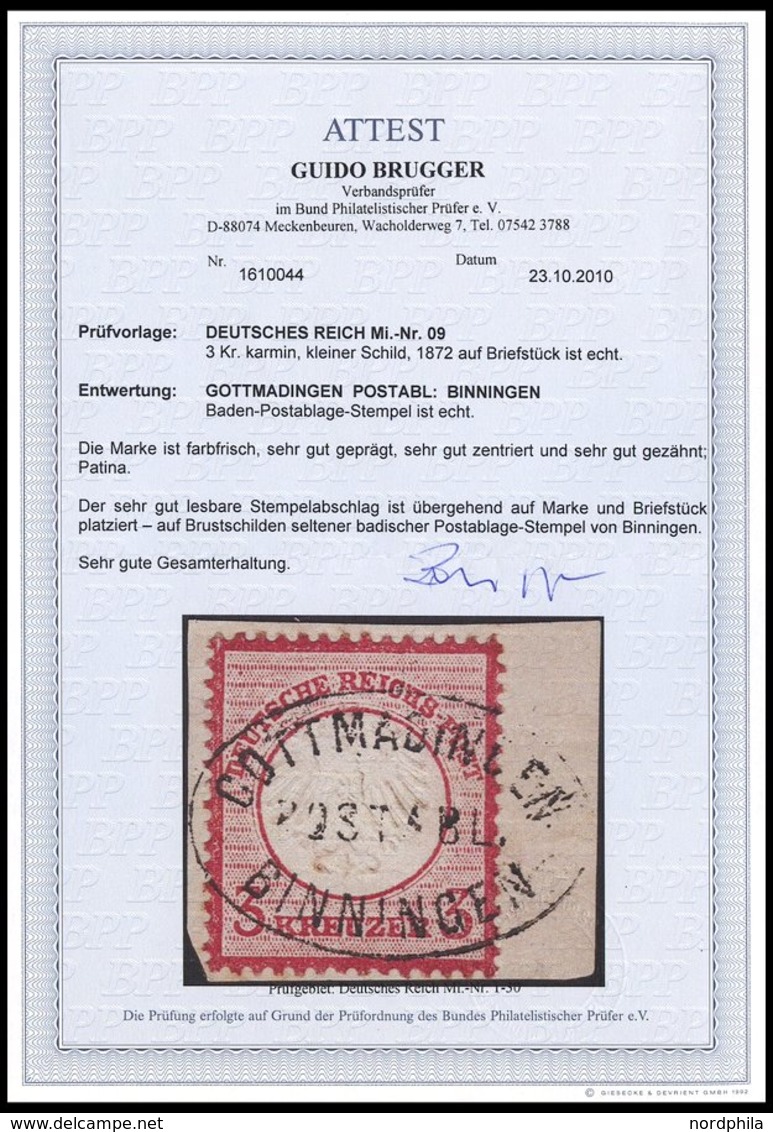 Dt. Reich 9 BrfStk, 1872, 3 Kr. Karmin, Postablagestempel GOTTMADINGEN/BINNINGEN, Prachtbriefstück, R!, Fotoattest Brugg - Usados