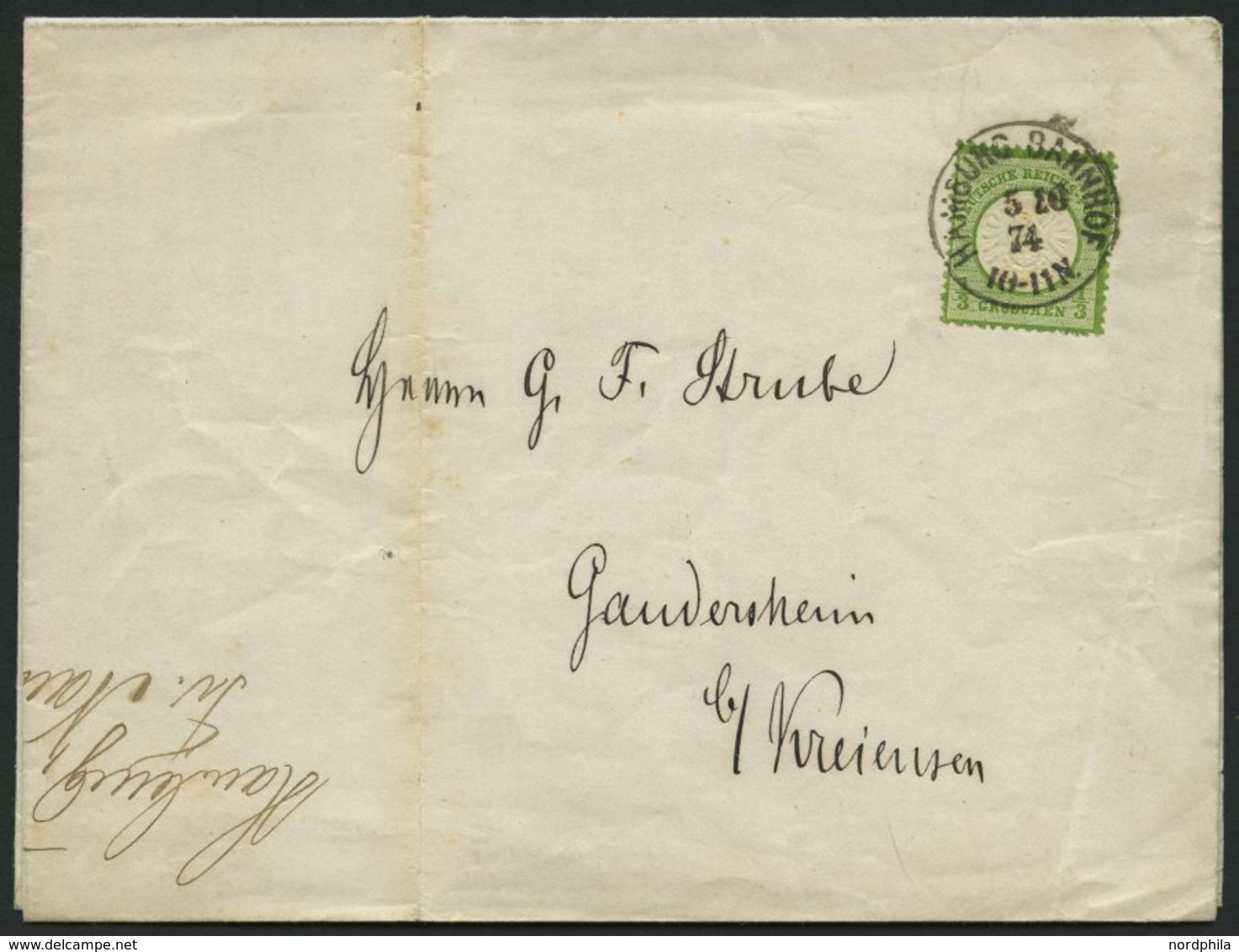 Dt. Reich 17b BRIEF, 1874, 1/3 Gr. Grausmaragdgrün Auf Drucksache Fr. Naumanns-Herings-Bericht, K1 HAMBURG BAHNHOF Nach  - Used Stamps