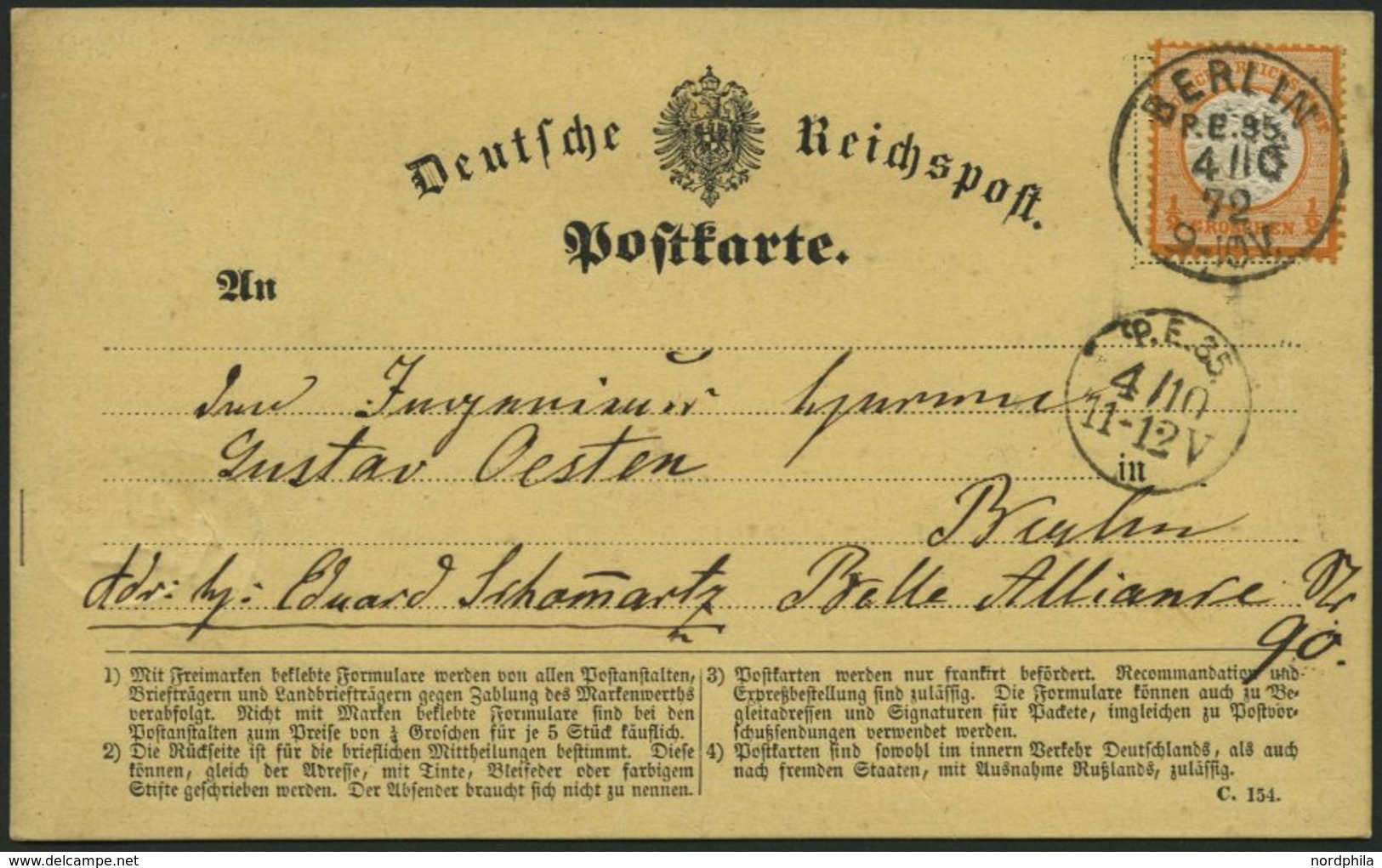 Dt. Reich 18 BRIEF, 1872, 1/2 Gr. Orange Auf Ortspostkarte Mit K1 BERLIN P.E.35 Und Ankunftsstempel P.E.35, Prachtkarte - Gebraucht