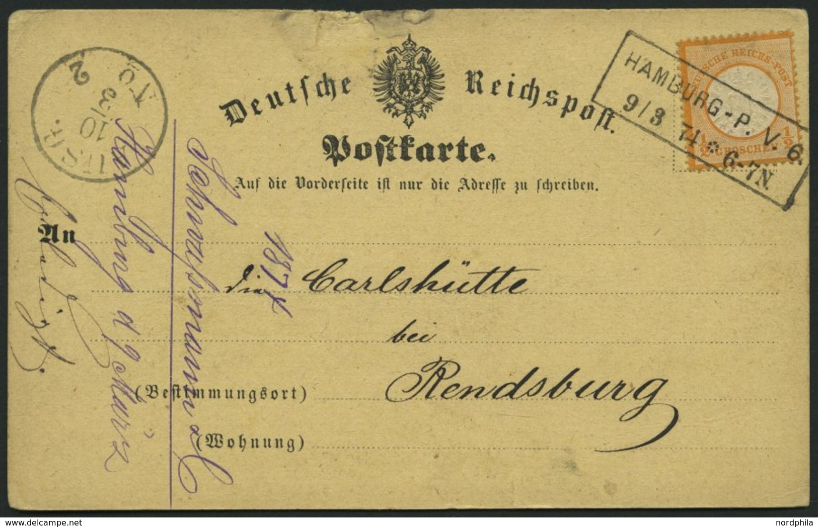 Dt. Reich 18 BRIEF, 1874, 1/2 Gr. Orange Auf Postkarte Mit R2 HAMBURG-P.V.6, Nach Rendsburg, Feinst - Used Stamps