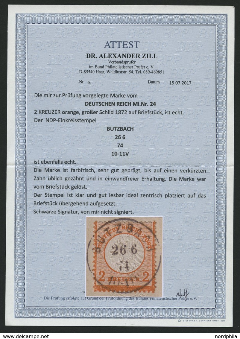 Dt. Reich 24 BrfStk, 1872, 2 Kr. Orange Auf Briefstück Mit Idealem Zentrischen K1 BUTZBACH, Farbfrisches Prachtstück, Ei - Usados