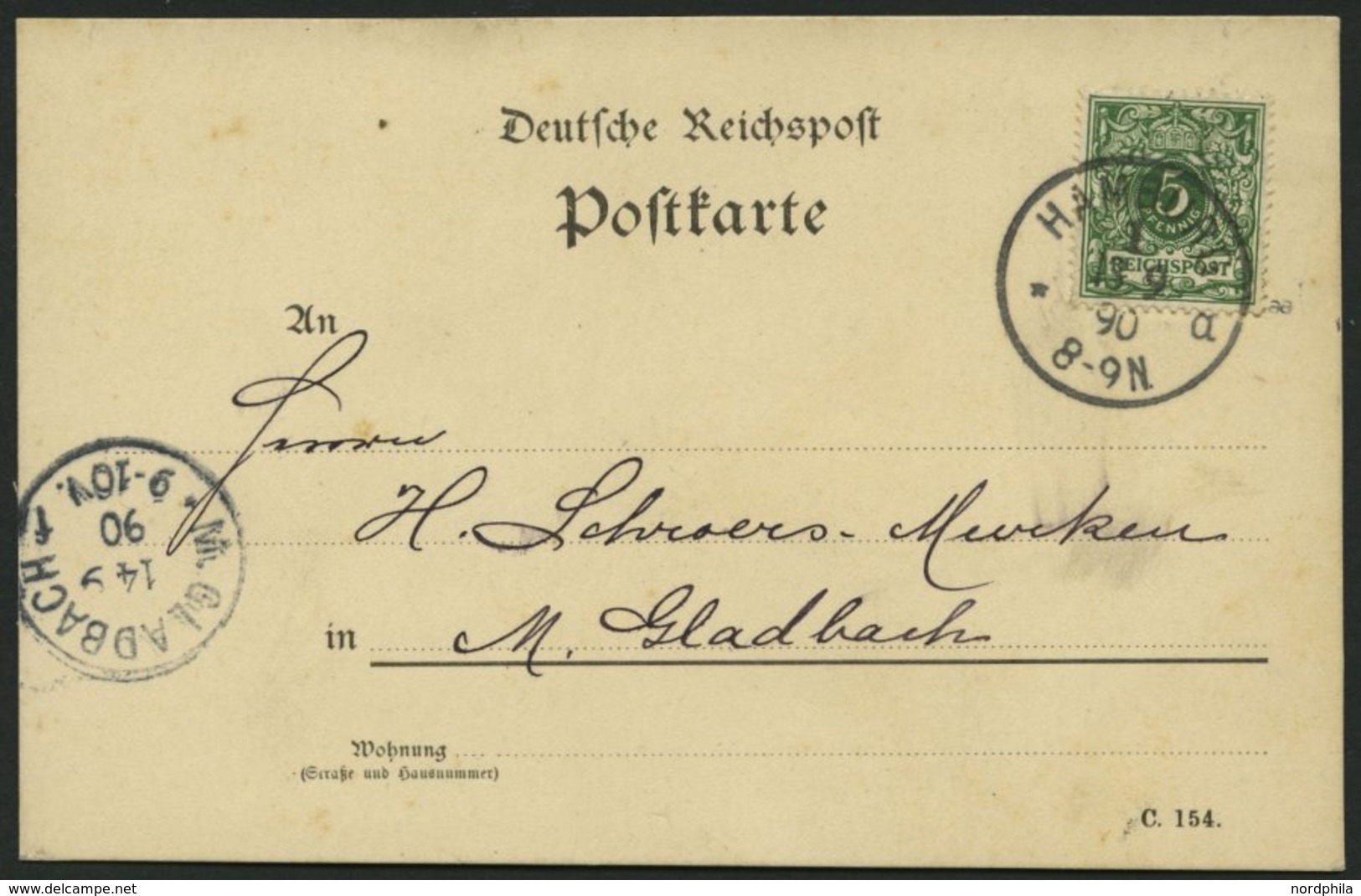 Dt. Reich 46aa BRIEF, 1890, 5 Pf. Dunkelgrün, Prachtkarte Von HAMBURG Nach M. Gladbach, Gepr. Zenker - Usados