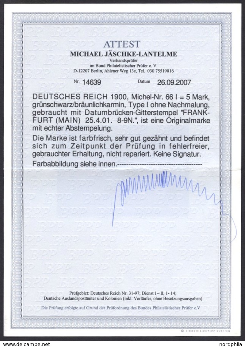 Dt. Reich 66I O, 1900, 5 M. Reichspost, Type I, Pracht, Fotoattest Jäschke-L., Mi. (2800.-) - Used Stamps