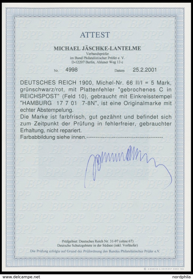 Dt. Reich 66IIPFI O, 1900, 5 M. Reichspost, Type II, Mit Plattenfehler Gebrochenes C In Reichspost, Pracht, R!, Fotoatte - Usados