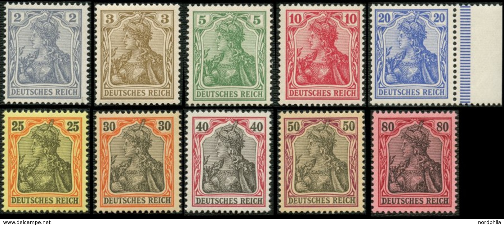 Dt. Reich 68-77 **, 1902, 2 - 80 Pf. Germania, Ohne Wz., Postfrischer Prachtsatz, Fotoattest Dr. Oechsner, Mi. 2500.- - Gebraucht